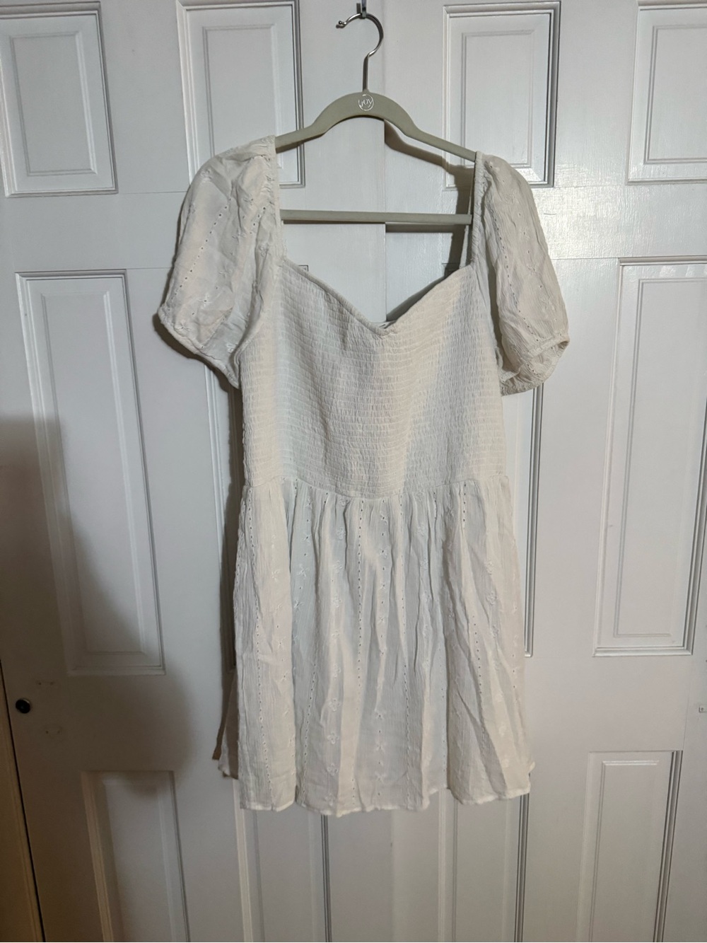 American Eagle Outfitters White Puff-Sleeve Eyelet Mini Dress